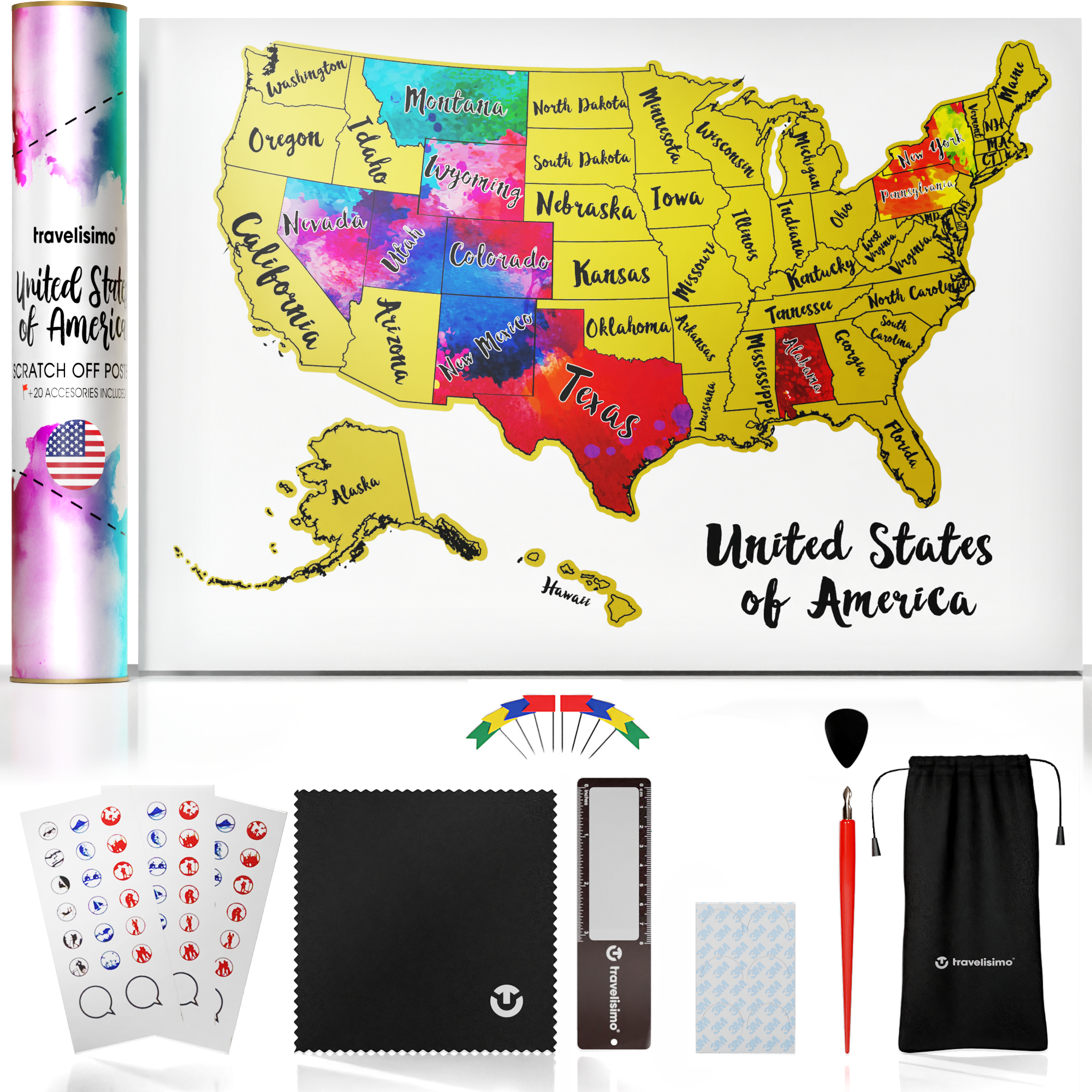 USA Scratch Off Map + 25 Accessories (White)
