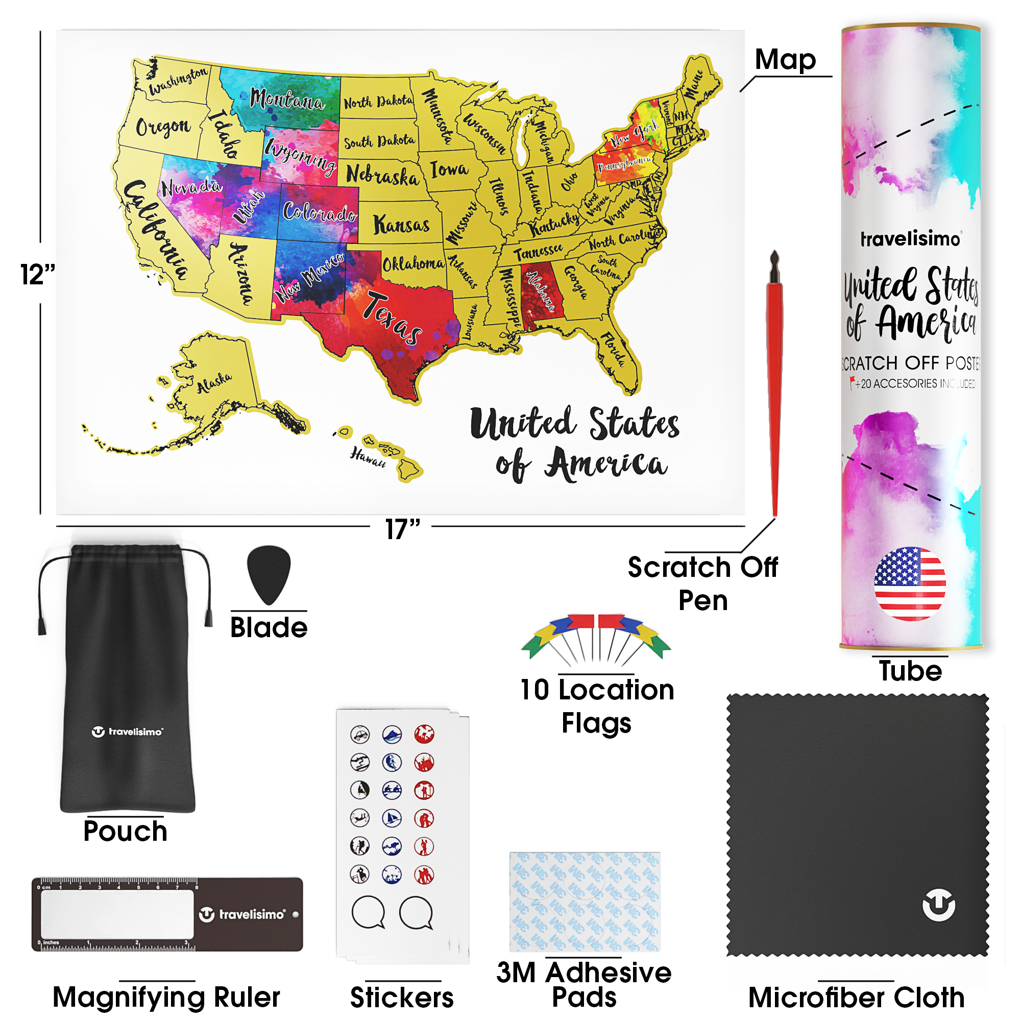 USA Scratch Off Map + 25 Accessories (White)