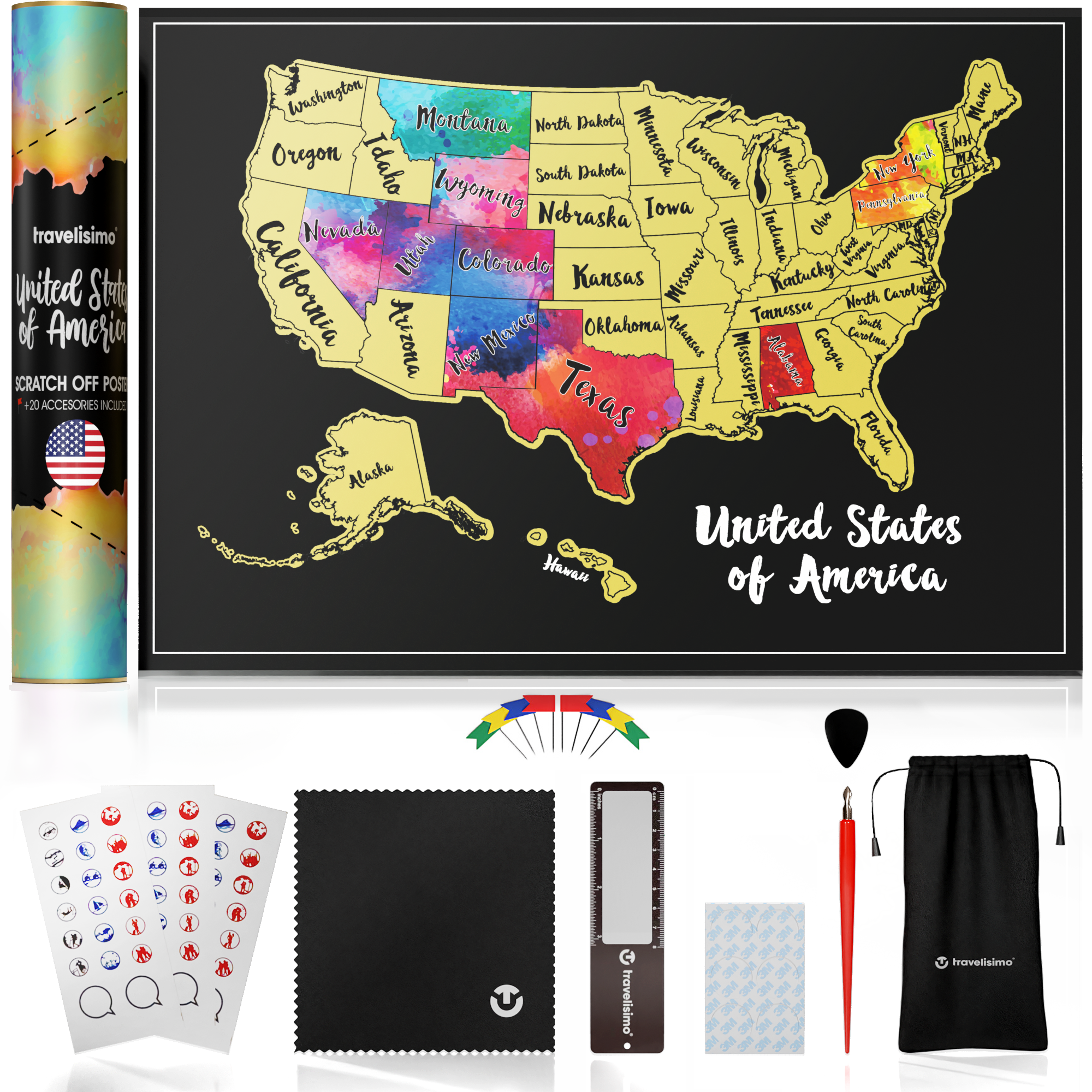 USA Scratch Off Map + 25 Accessories (Black)