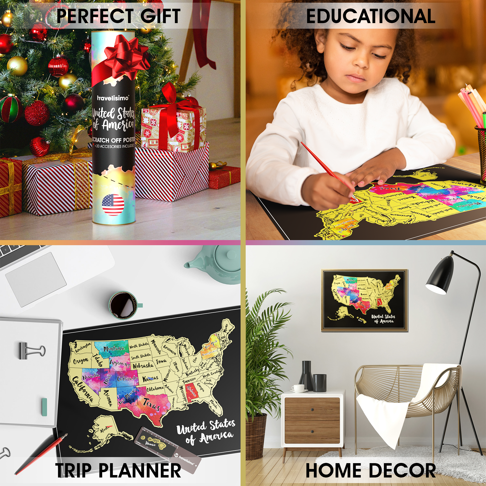 USA Scratch Off Map + 25 Accessories (Black)