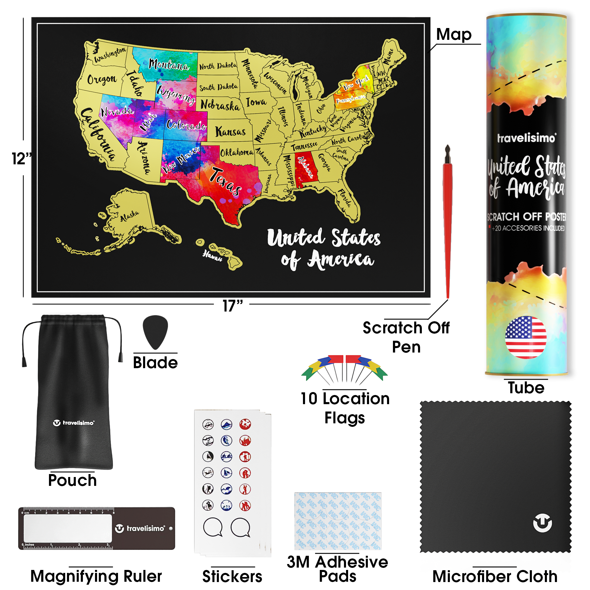 USA Scratch Off Map + 25 Accessories (Black)