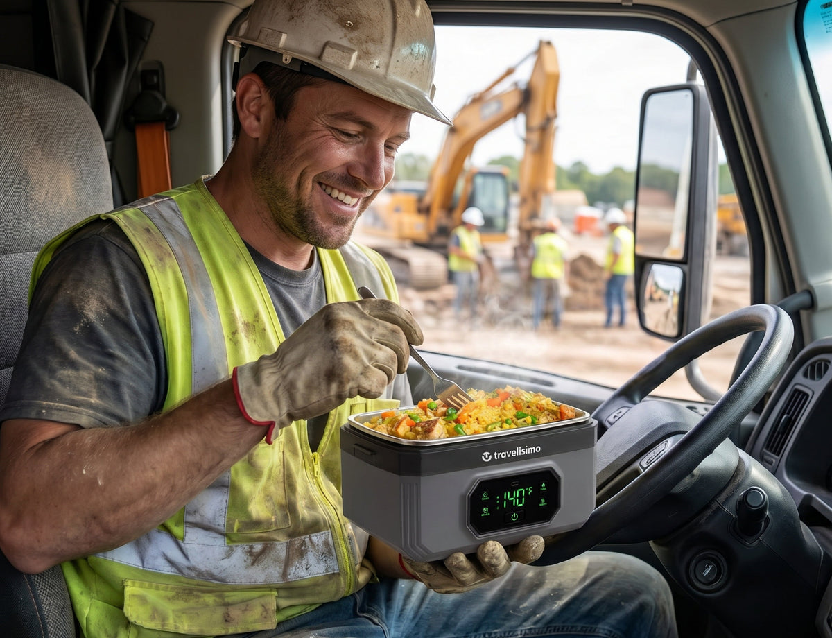 American worker eating a hot lunch on the job