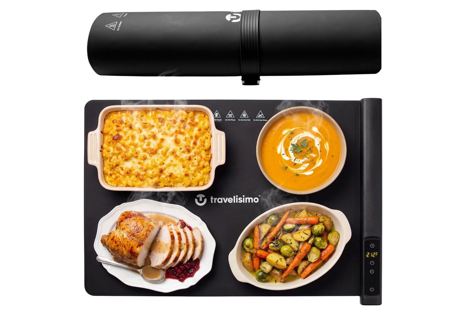 Travelisimo Palermo warming mat holding mac and cheese, soup, sliced turkey and roasted vegetables, with the mat rolled up above it